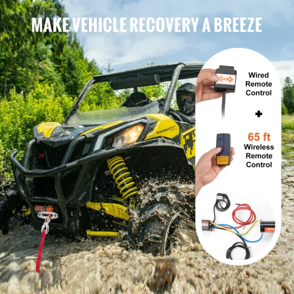 VEVOR 4500lbs ATV/UTV Electric Winch 12V DC with 39 ft Synthetic Rope Wireless & Wired Remote Control IP55 Waterproof for Jeeps – Image 5