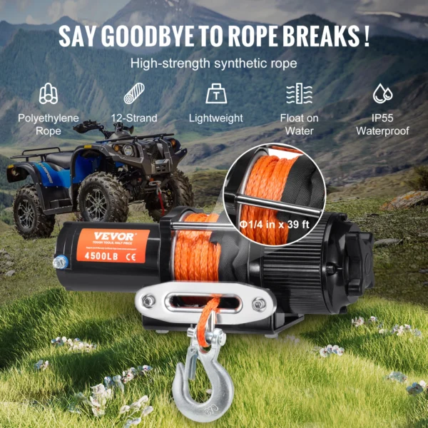 VEVOR 4500lbs ATV/UTV Electric Winch 12V DC with 39 ft Synthetic Rope Wireless & Wired Remote Control IP55 Waterproof for Jeeps – Image 4
