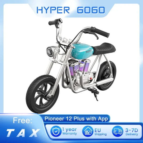 HYPER GOGO Pioneer 12 Plus with App Electric Motorcycle for Kids, 24V 5.2Ah 160W with 12'x3' Tires, 12KM Range, Smoke, Speaker