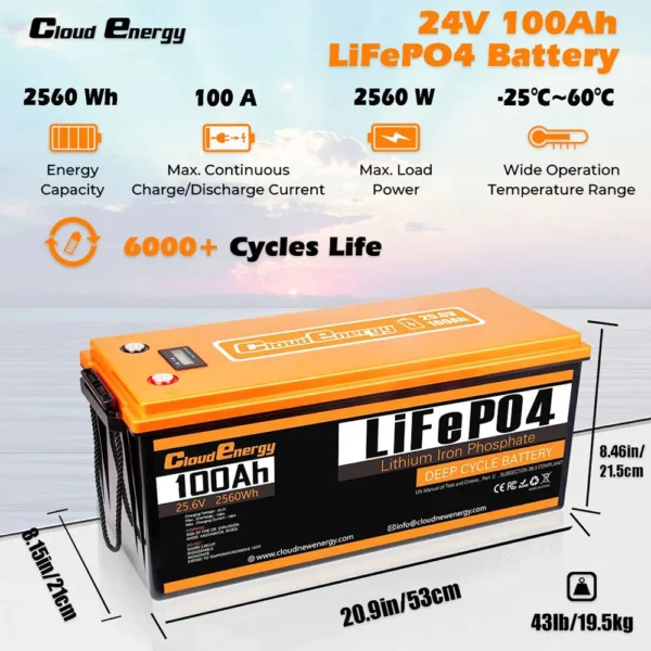 Cloudenergy CL24-100 24V 100Ah LiFePO4 Battery Pack, 2560Wh Energy, 6000+ Cycles, Built-in 100A BMS, Support in Series/Parallel – Image 2