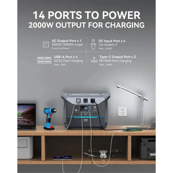 DaranEner NEO2000 Portable Power Station 2073.6Wh LiFePO4 Battery Solar Generator 2000W AC Output 1.8H Full Charge - Image 2