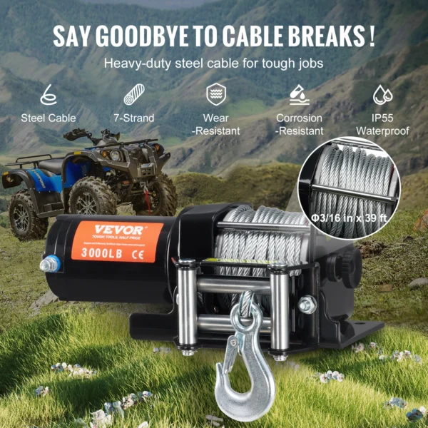 VEVOR 3000lbs ATV/UTV Electric Winch 12V DC Steel Rope Winch with 39 ft Cable Roller Wired Remote Control for Towing Off-Road - Pilt 4