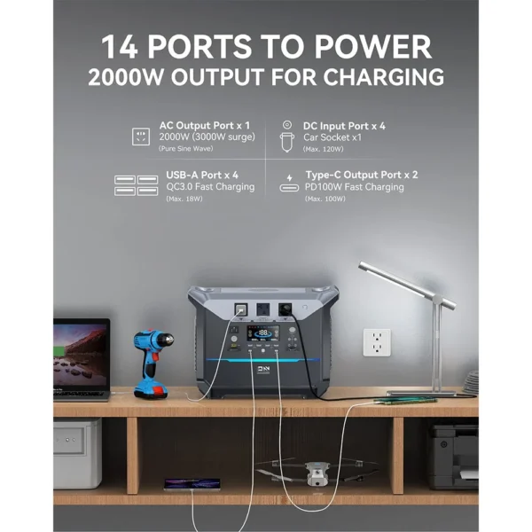 DaranEner NEO2000 Portable Power Station, 2073.6Wh LiFePO4 Solar Generator, 2000W AC Output, 1.8 Hours Full Charge, 14 Ports – Image 2