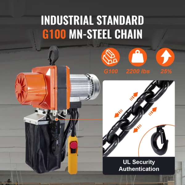 VEVOR 2200lbs Electric Chain Hoist 10.5 ft/min Single Phase Overhead Crane with G100 Chain Lifting Wired Control for Garage Shop - obrazek 3