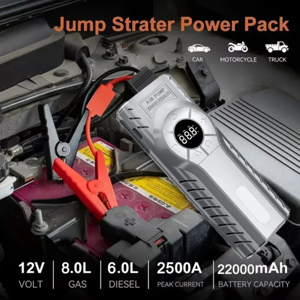 Car Jump Starter Air Pump Power Bank Lighting Portable Air Compressor 22000mAh Cars Battery Starters Starting Auto Tyre Inflator – Image 2