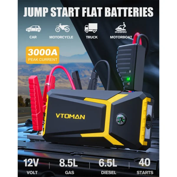VTOMAN V8 PRO 3000A Car Jump Starter 24 Months Standby Time, LCD Screen, for Up 8.5L Gas and 6.5L Diesel Engines, 15W Input Port – Image 3