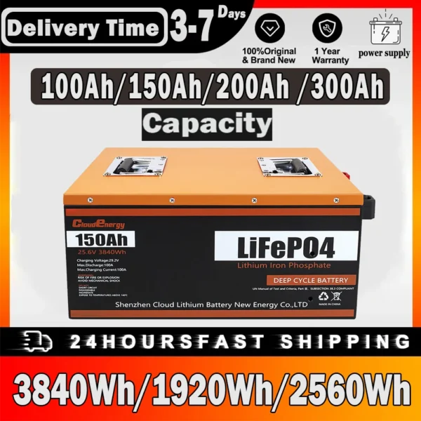 Cloudenergy 12/24V 300Ah LiFePO4 Battery 3840Wh Energy 6000 + Cycles Built-in 100A BMS Support in Series/Parallel Portable Camping Battery